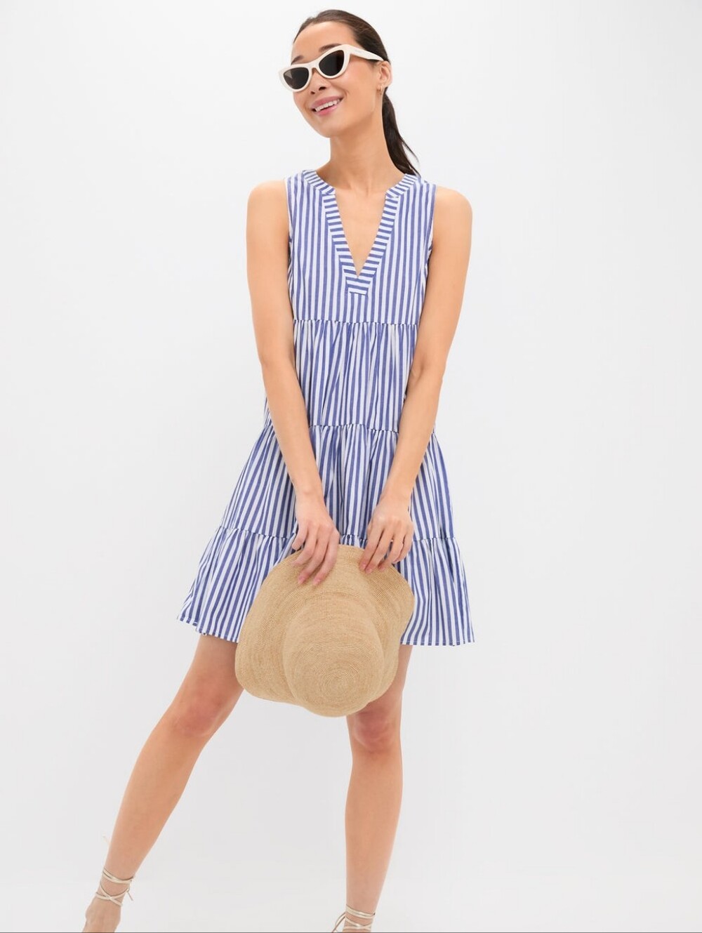 Pomander Place Kenzo Blue & White Stripe Cotton Poplin Sleeveless Mini Dress M